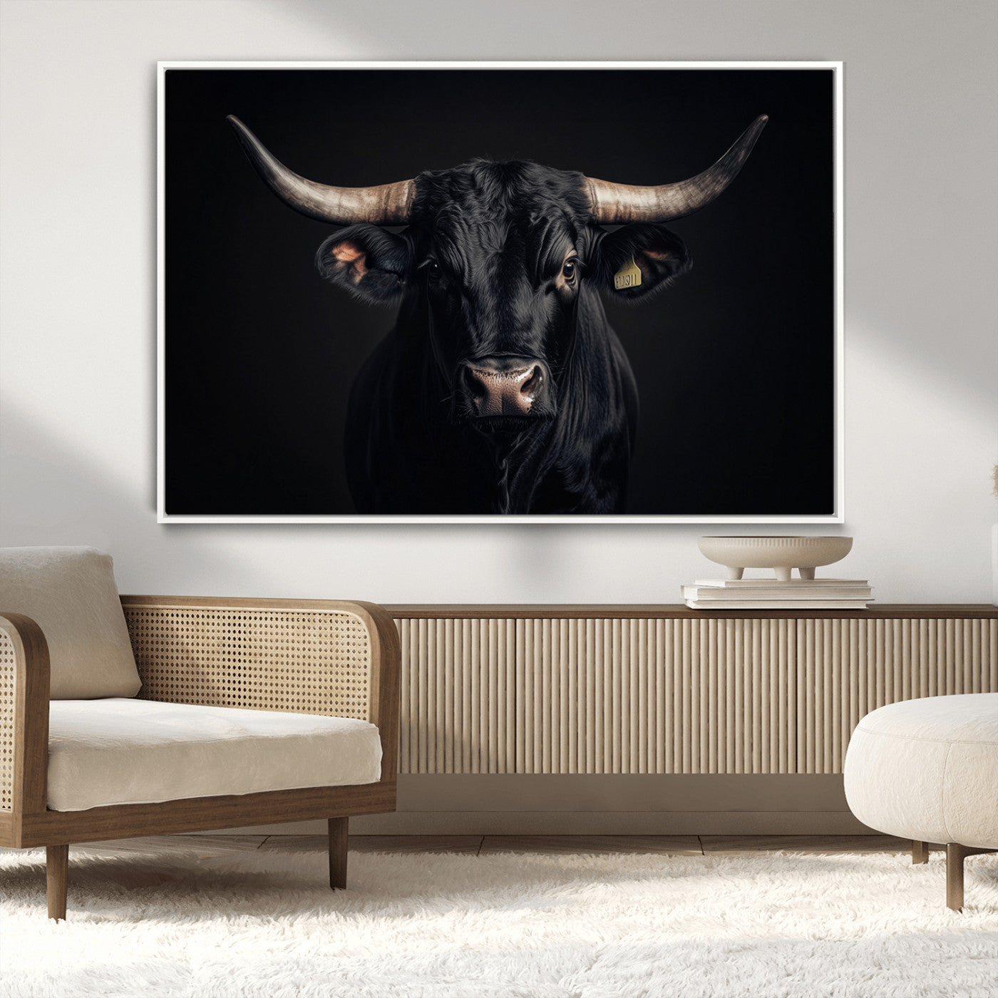 MGV-FC-36X24 - Black Bull Wall Art – Framed Horned Bull Canvas Artwork, Western Cattle Design, Rustic Ranch Style Decor for Home, Office