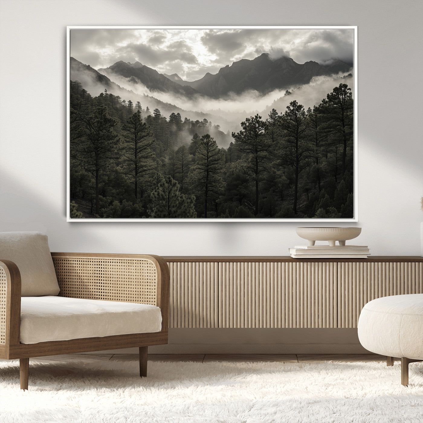 MGV-FC-36X24 - Misty Mountain Forest Wall Art – Canvas Print of Cloudy Peaks, Tranquil Pines, Enchanted Landscape, Majestic Nature Decor for Home or Office