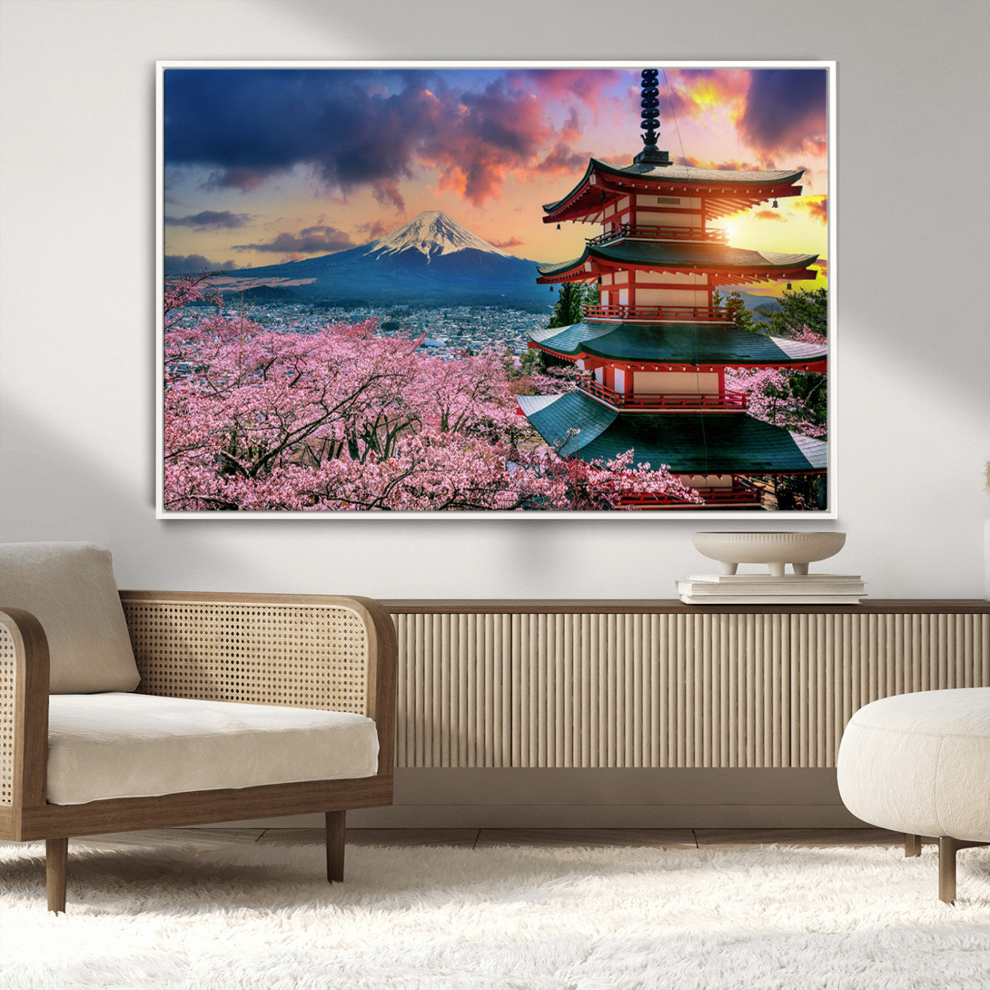 MGV-FC-36X24 - Mount Fuji & Cherry Blossom Wall Art Canvas Print – Iconic Japanese Landscape, Sakura Pagoda Sunset,