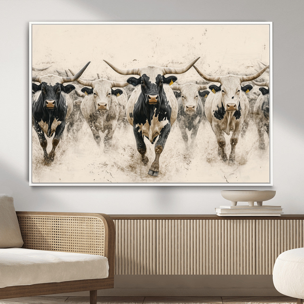 61538944-MGV-CV-36X24-Texas Longhorn Wall Art – Framed Cattle Walking Canvas Artwork, Black White Bull Design, Western Ranch Decor for Home, Office