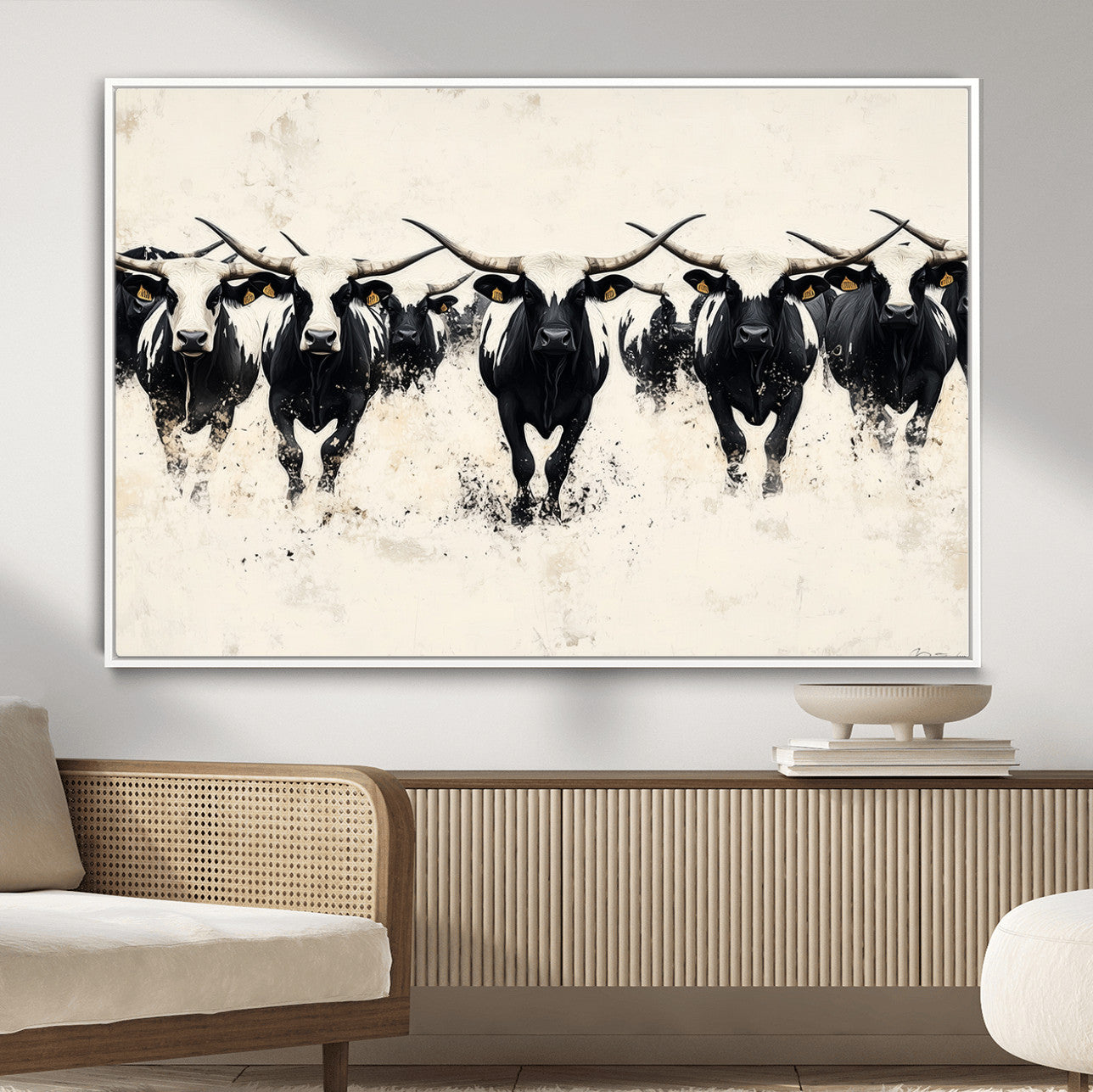 63302786-MGV-CV-36X24-Texas Longhorn Wall Art – Framed Black White Cattle Canvas Artwork, Stampede Bull Design, Western Ranch Decor for Home, Office