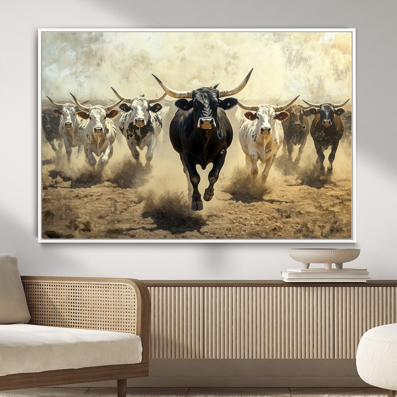 MGV-FC-36X24 - Running Cattle Wall Art – Canvas Print of Western Herd, Dust Stampede, Longhorns, Wild West Ranch, Bold Rustic Farm Decor for Home or Office