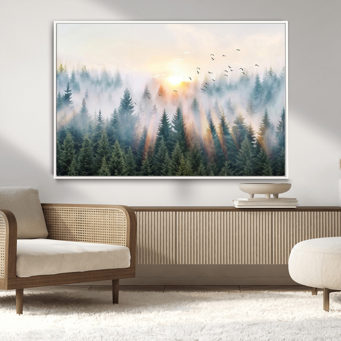 MGV-FC-36X24 - Misty Pine Forest Wall Art Canvas, Sunrise Over Foggy Trees Canvas for Home - Office, Framed