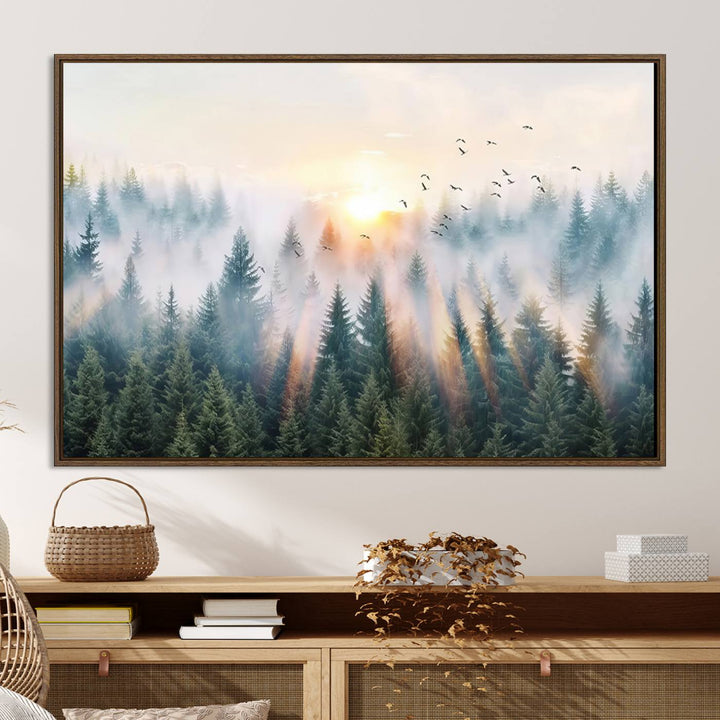 Misty Pine Forest Wall Art: A depiction of sunrise over foggy trees and birds against a bright sky; a framed woodland scene ideal for home or office decor.