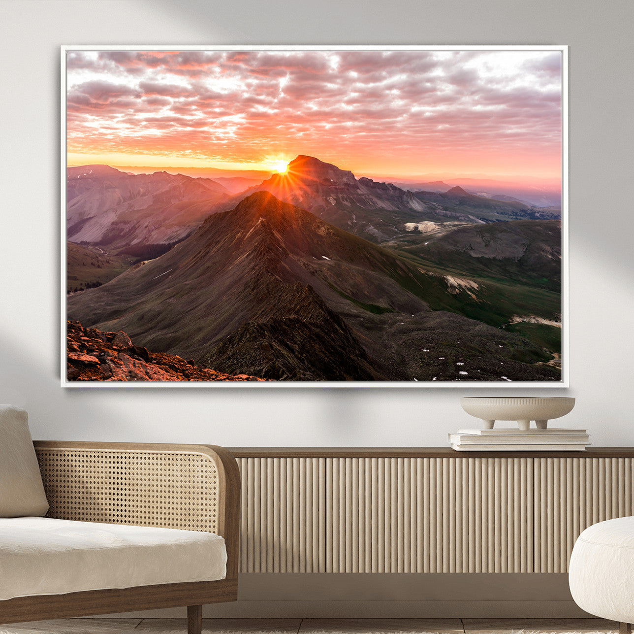 50957419-MGV-CV-36X24-Mountain Sunrise Wall Art – Framed Alpine Ridge Canvas Artwork, Golden Peak Design, Scenic Nature Decor for Home, Office