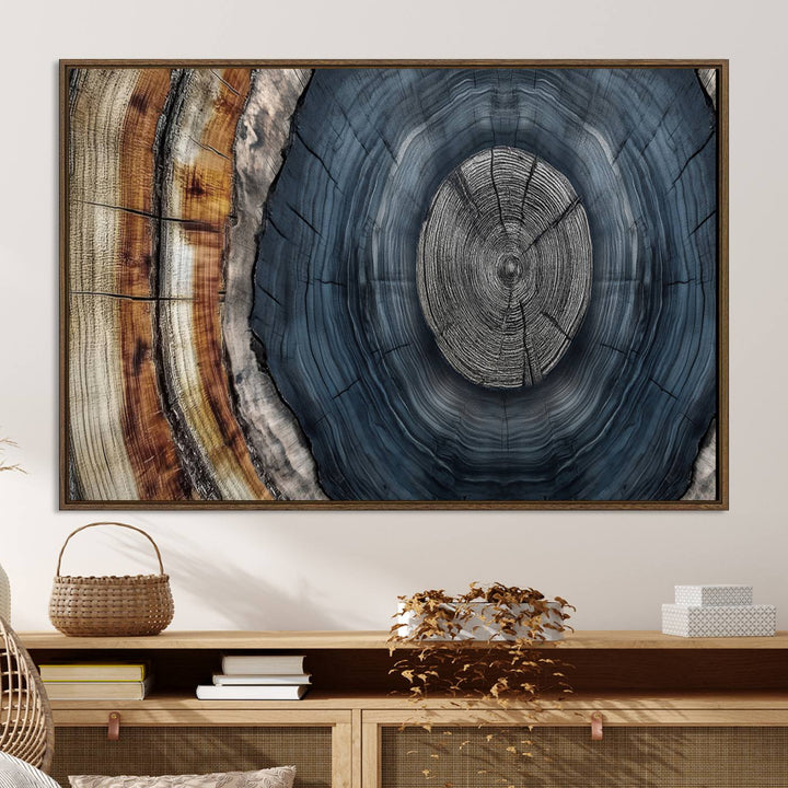 Close-up of the Abstract Tree Rings Wall Art Print featuring shades of blue, brown, and gray.