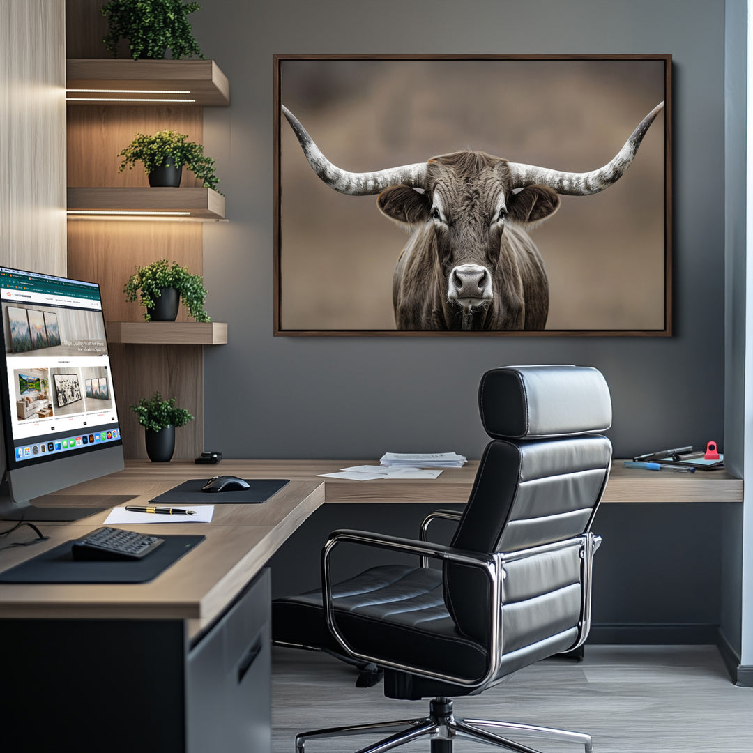 The Framed Texas Longhorn Bull Art Canvas Print adds timeless elegance to the serene setting.