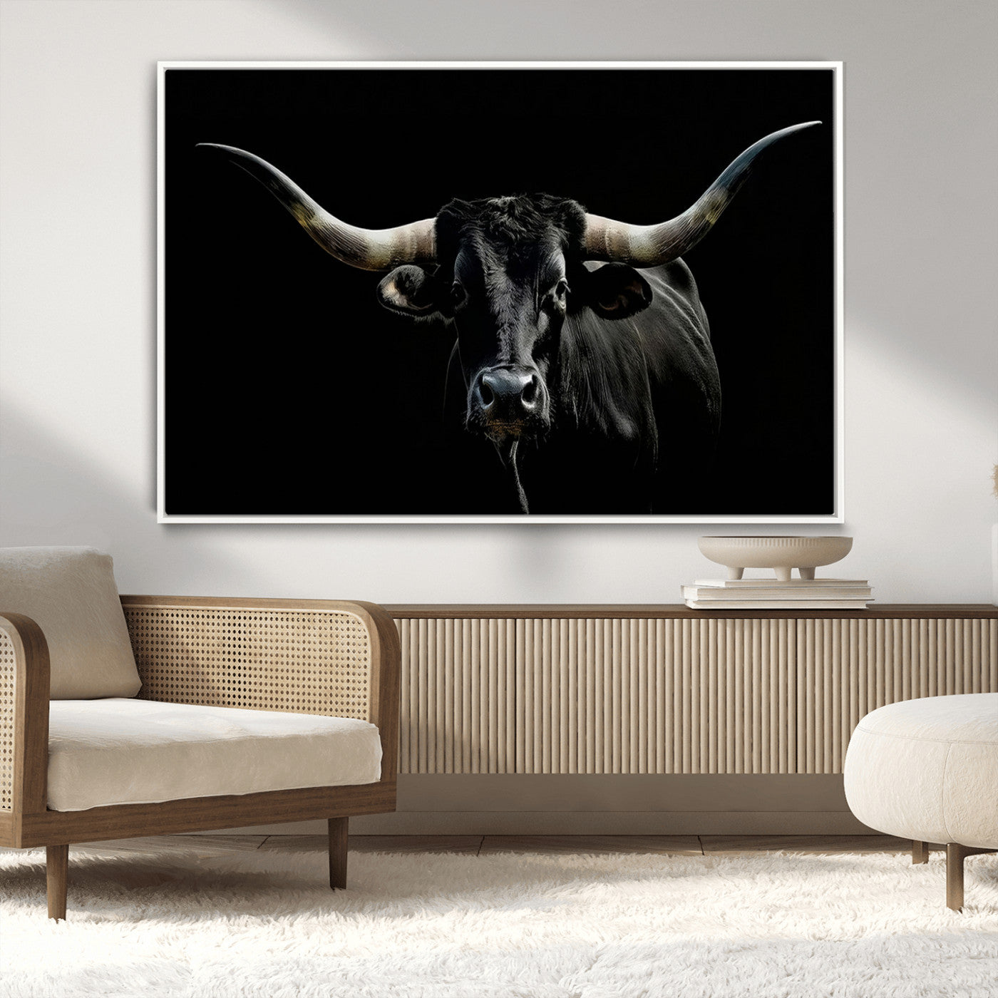 MGV-FC-36X24 - Texas Black Bull Wall Art Print, Longhorn Bull Canvas Wall Art