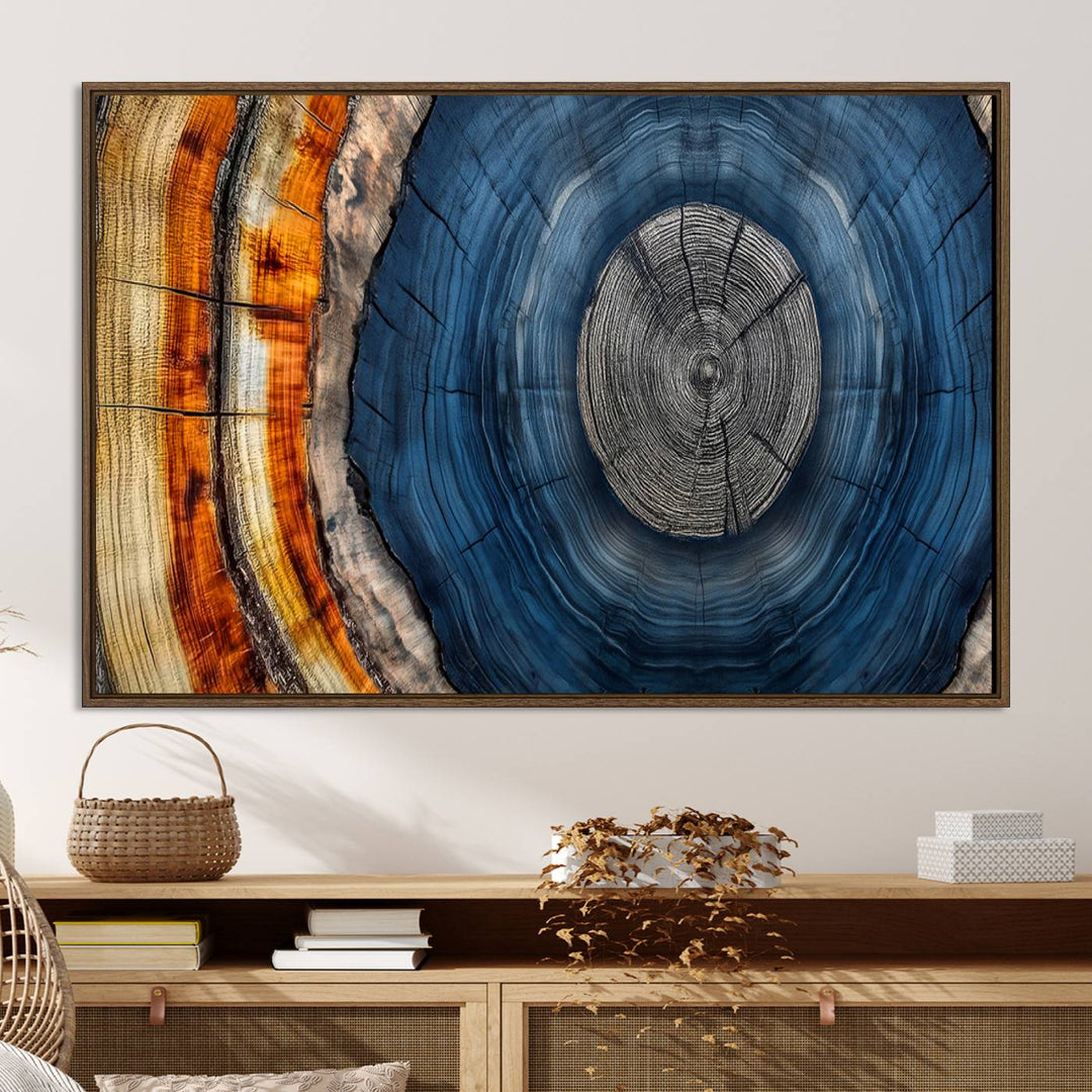 Vibrant Abstract Tree Rings in Orange, Brown, and Blue - Canvas Print for Nature Woodland Wall Decor.