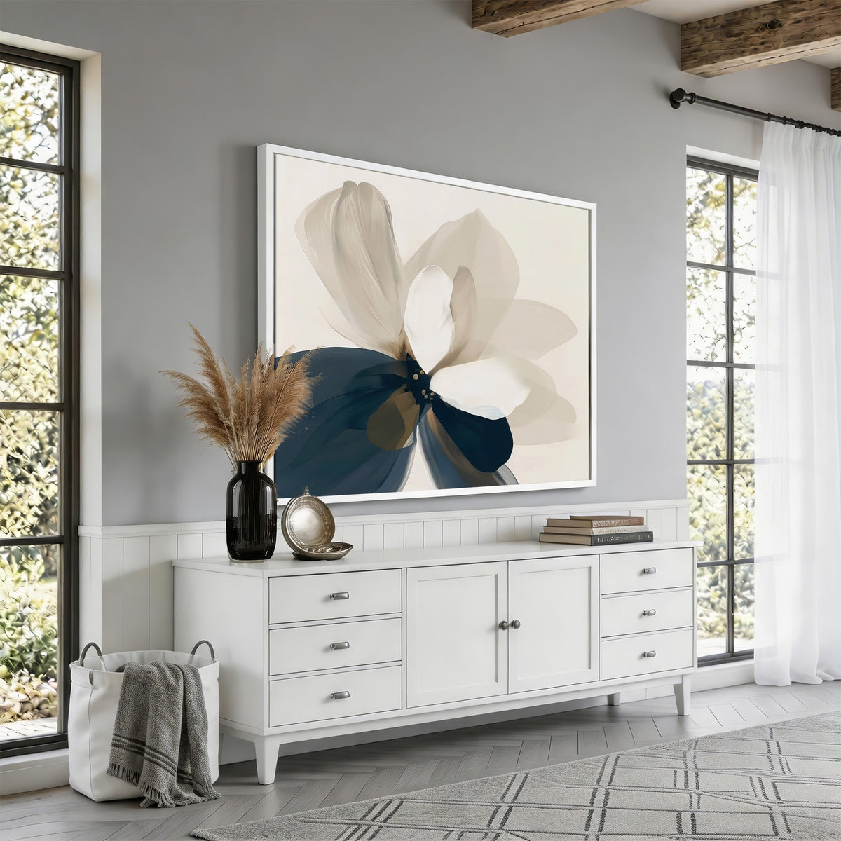 42188901-MGV-CV-24X16 - Minimal Flower Wall Art Canvas Print | Framed Beige and Navy Bloom