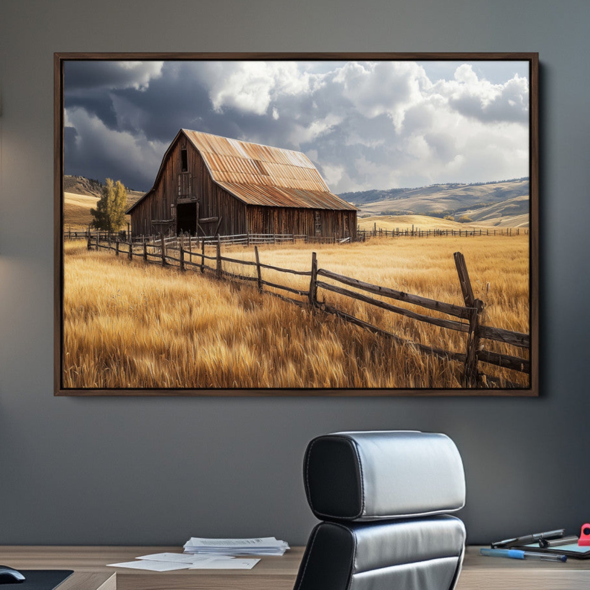 38758826-MGV-CV-36X24-Rustic Barn Wall Art Canvas Print – Framed Moody Barn Golden Field Countryside Farmhouse Landscape Artwork for Home Office