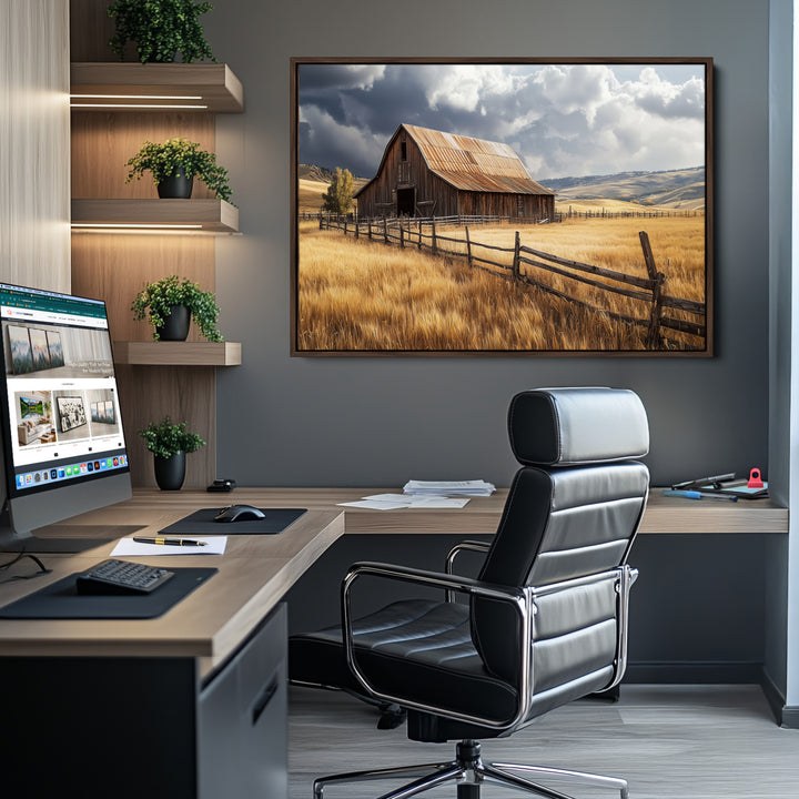 Rustic Barn Wall Art Canvas Print, Framed Moody Barn Art Picture Print, Golden Field Perfect Rustic Farmhouse Decor