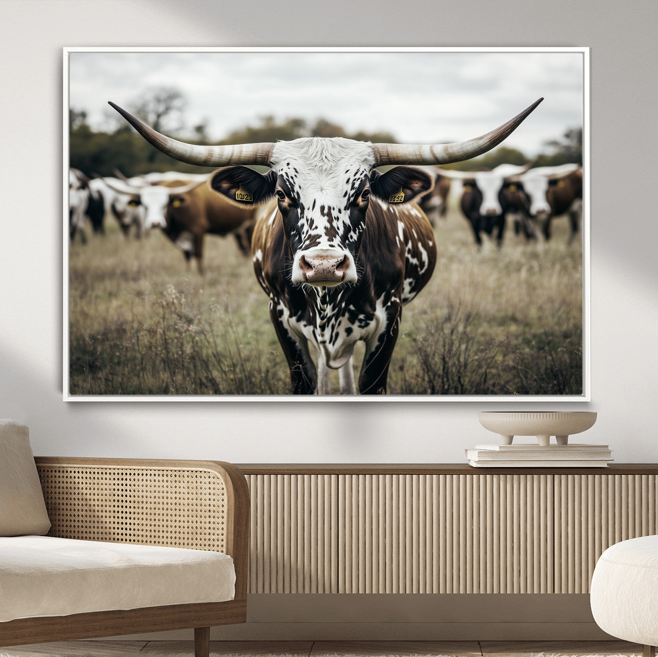 79025945-MGV-CV-36X24-Texas Longhorn Wall Art – Framed Speckled Cow Canvas Artwork, Horned Cattle Design, Western Ranch Decor for Home, Office