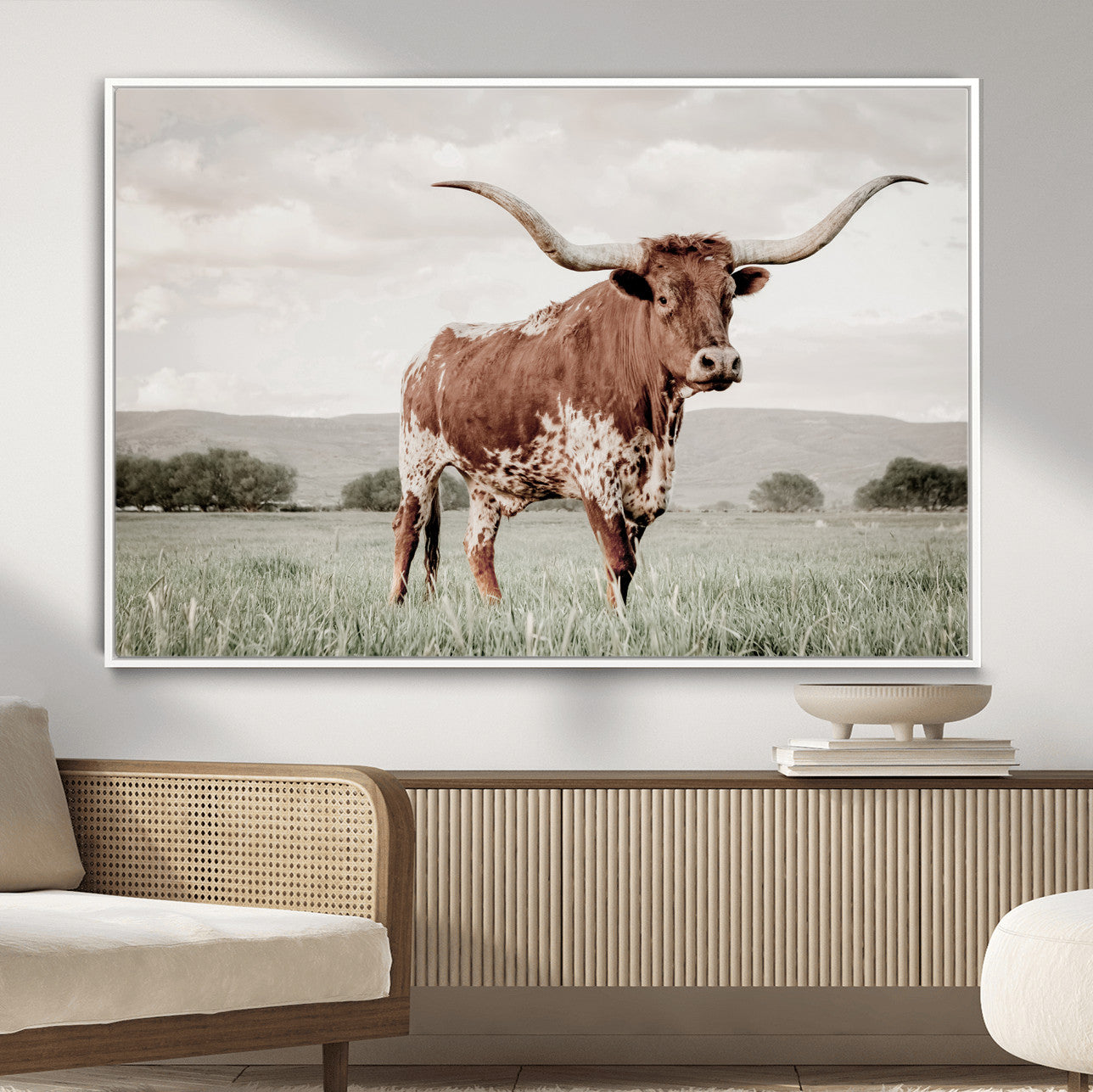 28309012-MGV-CV-36X24-Texas Longhorn Wall Art – Framed Spotted Cattle Canvas Artwork, Horned Bull Design, Western Ranch Decor for Home, Office