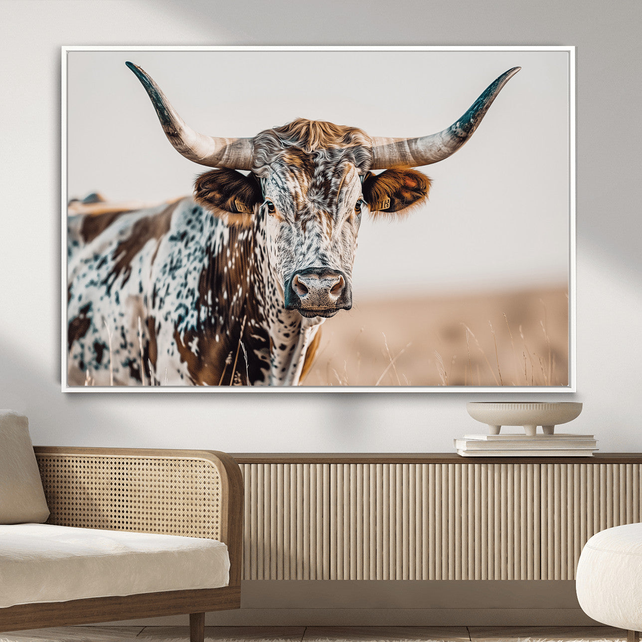 70414966-MGV-CV-36X24-Texas Longhorn Wall Art – Framed Speckled Cow Canvas Artwork, Horned Bull Design, Western Ranch Decor for Home, Office