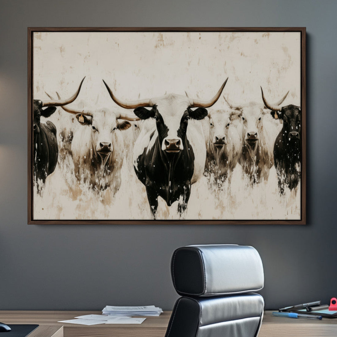 Longhorn Cattle Wall Art Canvas Print, Framed Cattle Herd Rustic Farmhouse Art