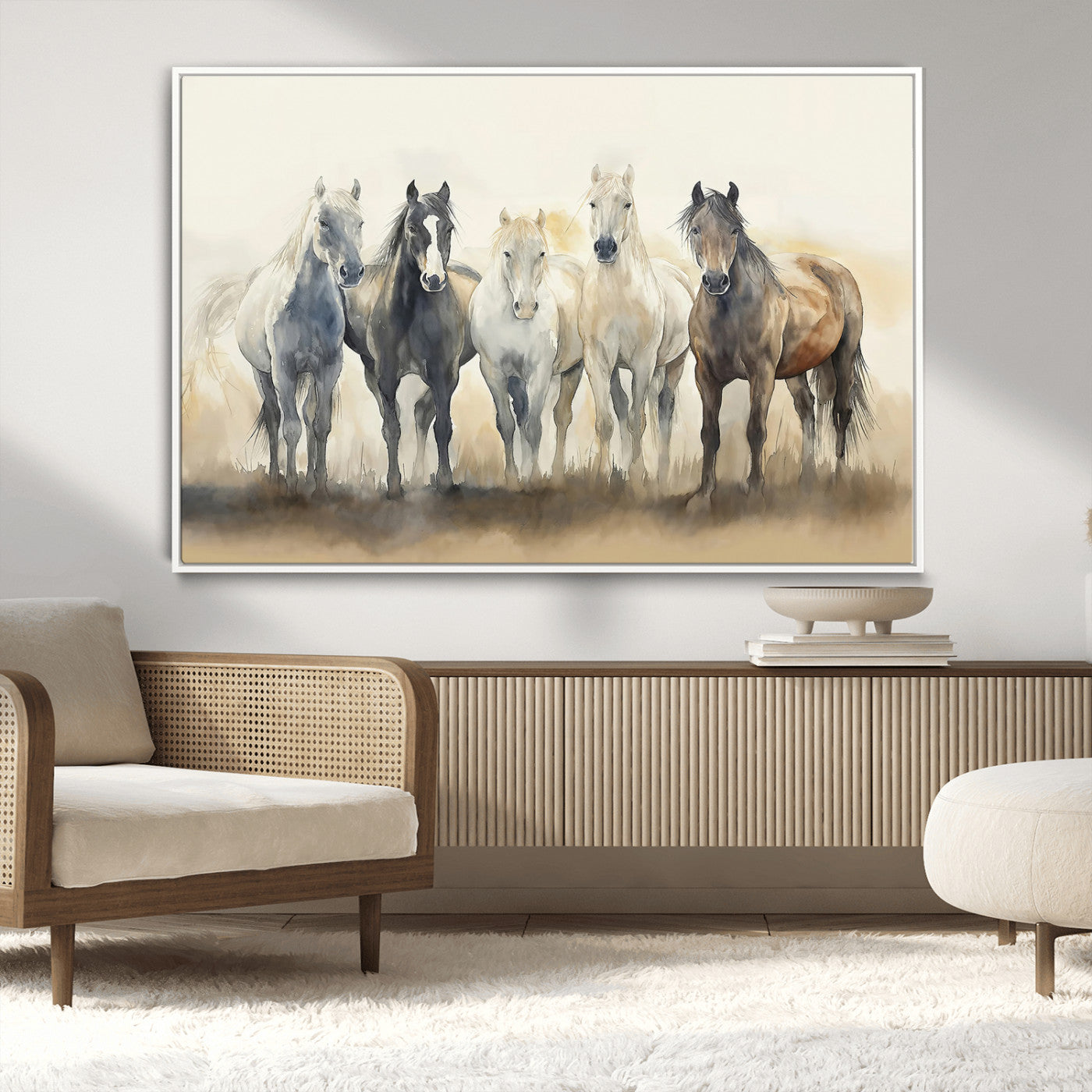 MGV-FC-36X24 - Wild Horses Wall Art Canvas Print, Framed Running Horses Art Picture Print, Watercolor Horses Perfect Rustic Western Decor Artwork