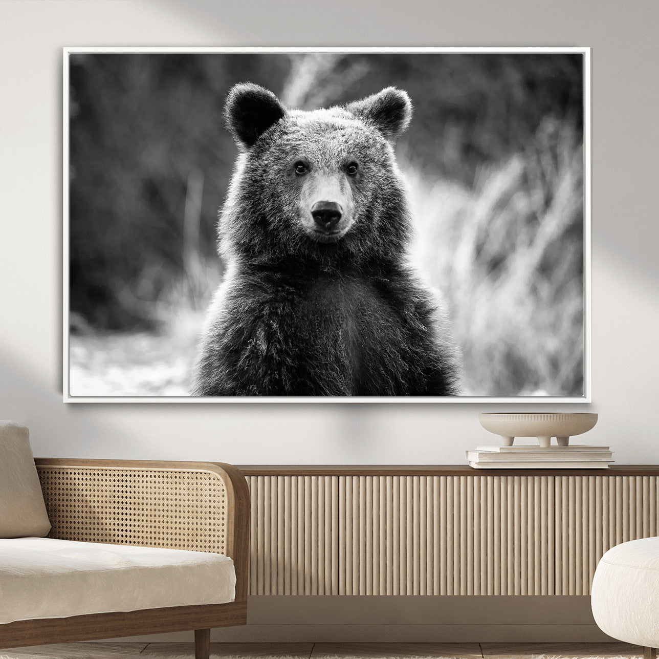 55656803-MGV-CV-36X24-Grizzly Bear Wall Art Canvas Print – Framed Black White Wildlife Rustic Nature Artwork for Home, Office Decor