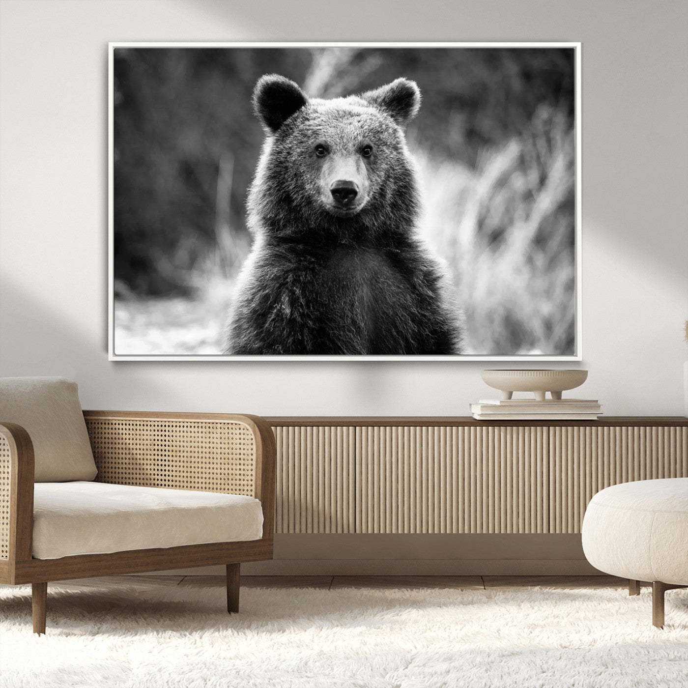 MGV-FC-36X24 - Grizzly Bear Wall Art Canvas Print, Framed Black White Bear Art Picture Print, Wild Bear Perfect Rustic Wildlife Decor Artwork