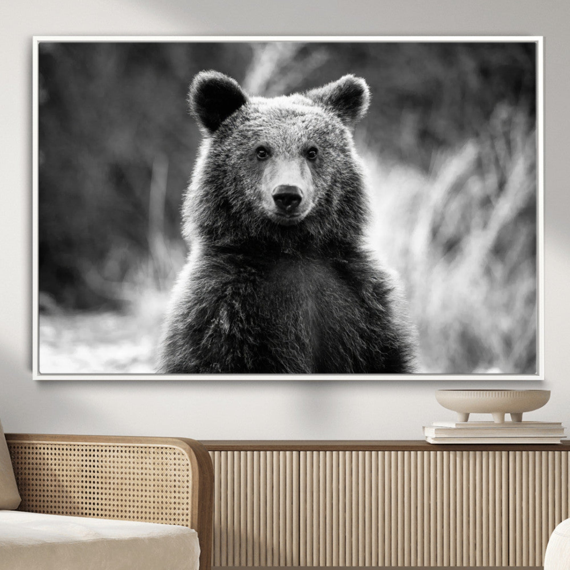 -Grizzly Bear Wall Art Canvas Print, Framed Black White Bear Art Picture Print, Wild Bear Perfect Rustic Wildlife Decor Artwork