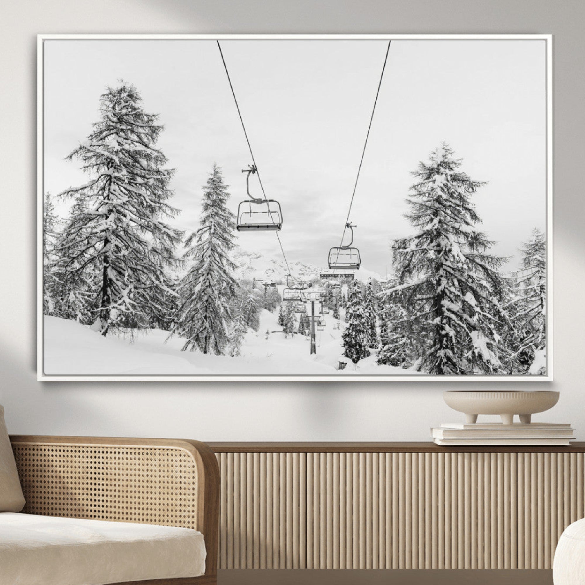 55003599-MGV-CV-36X24-Snowy Ski Lift Wall Art – Framed Winter Forest Canvas Artwork, Peaceful Mountain Design, Modern Nature Decor for Home, Office