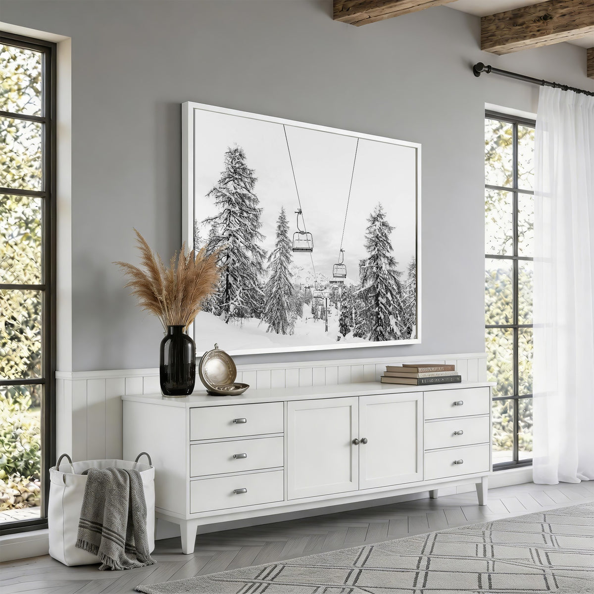 55003599D-MGV-CV-24X16 - Ski Lift Wall Art | Framed Snowy Mountain Canvas Artwork