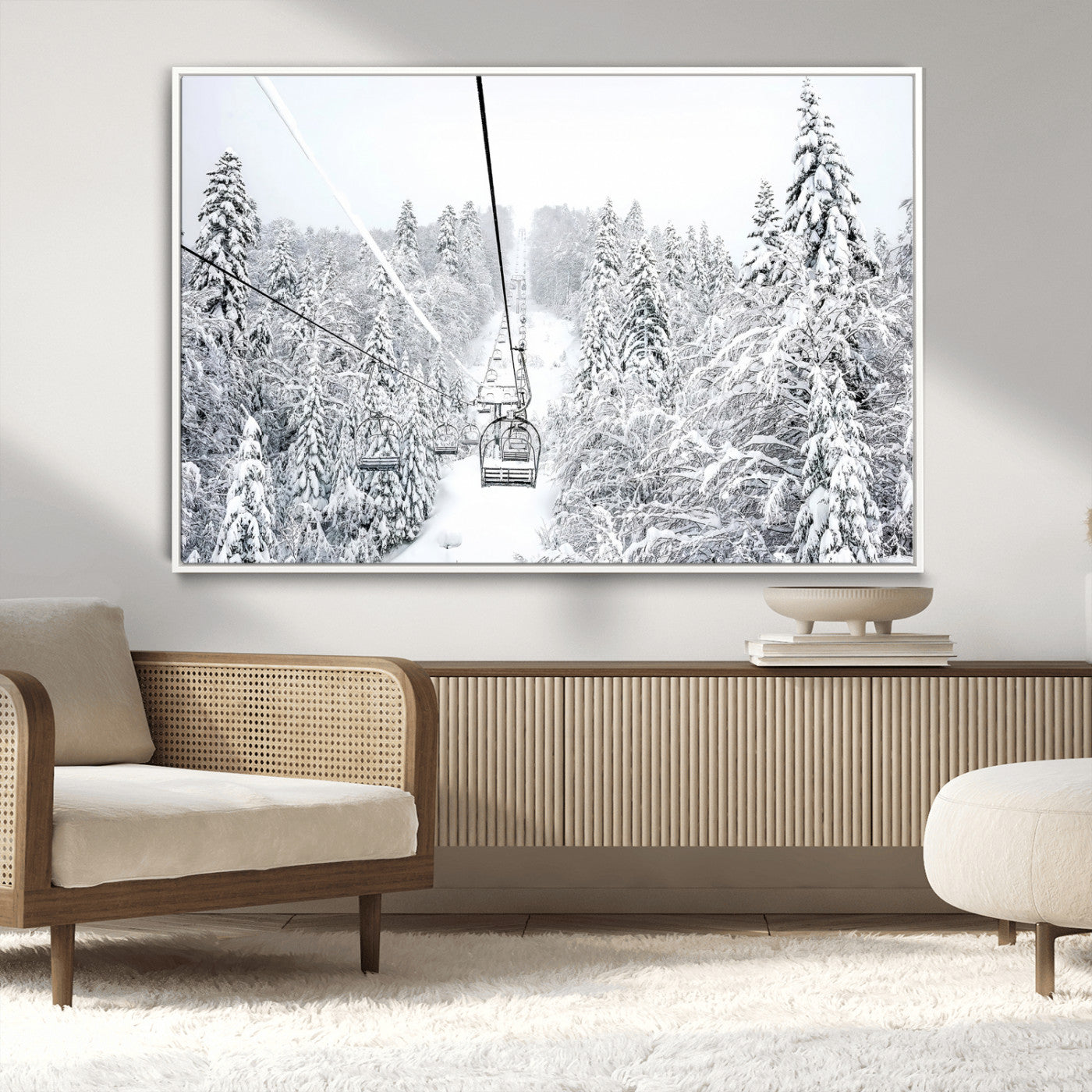 MGV-FC-36X24 - Snowy Mountains Wall Art Canvas Print, Framed Ski Lift Art Picture Print, Winter Forest Perfect