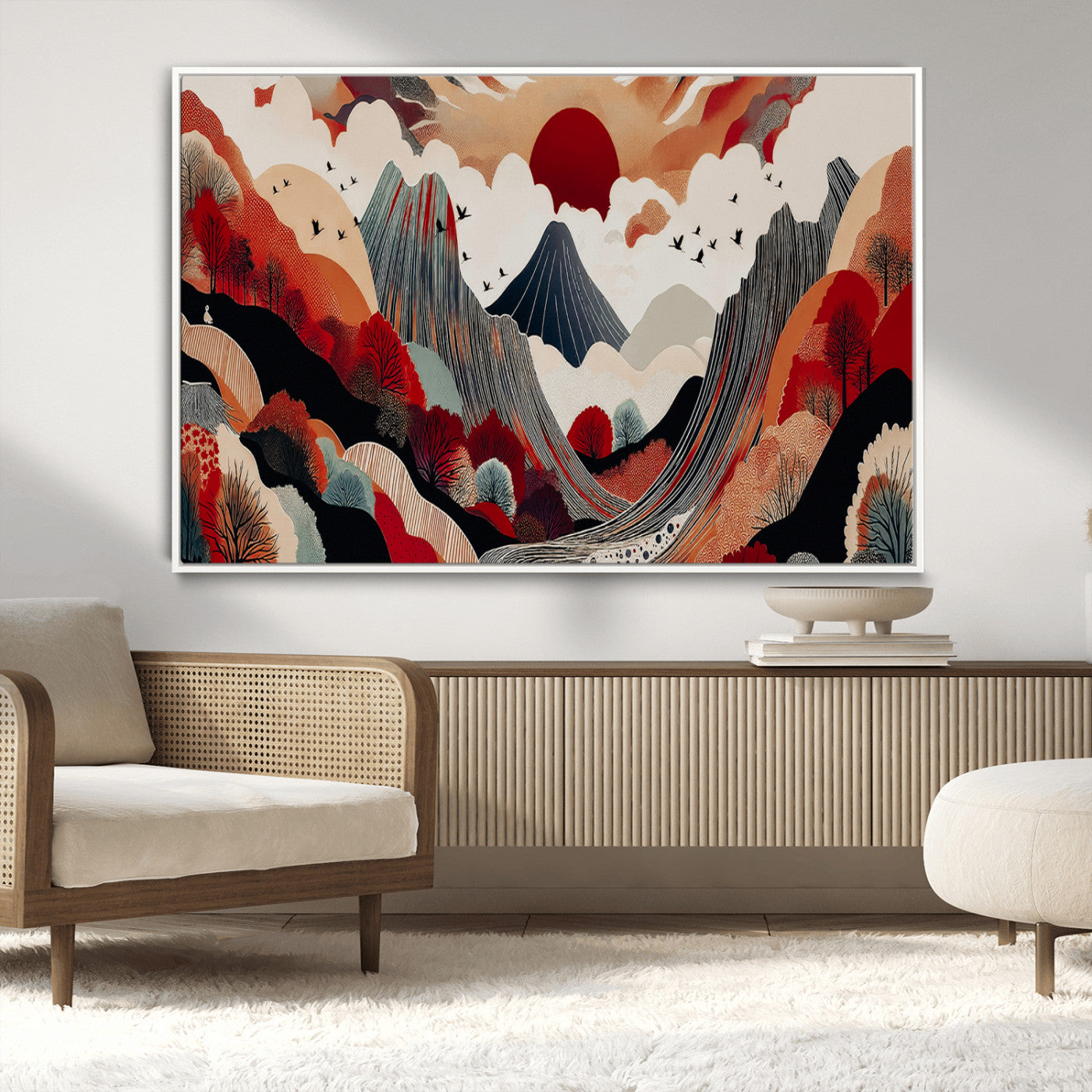 MGV-FC-36X24 - Abstract Mountain Wall Art Canvas Print, Framed Vibrant Landscape Art Picture Print, Stylized Nature Drawing Perfect Contemporary Minimalist Decor Artwork