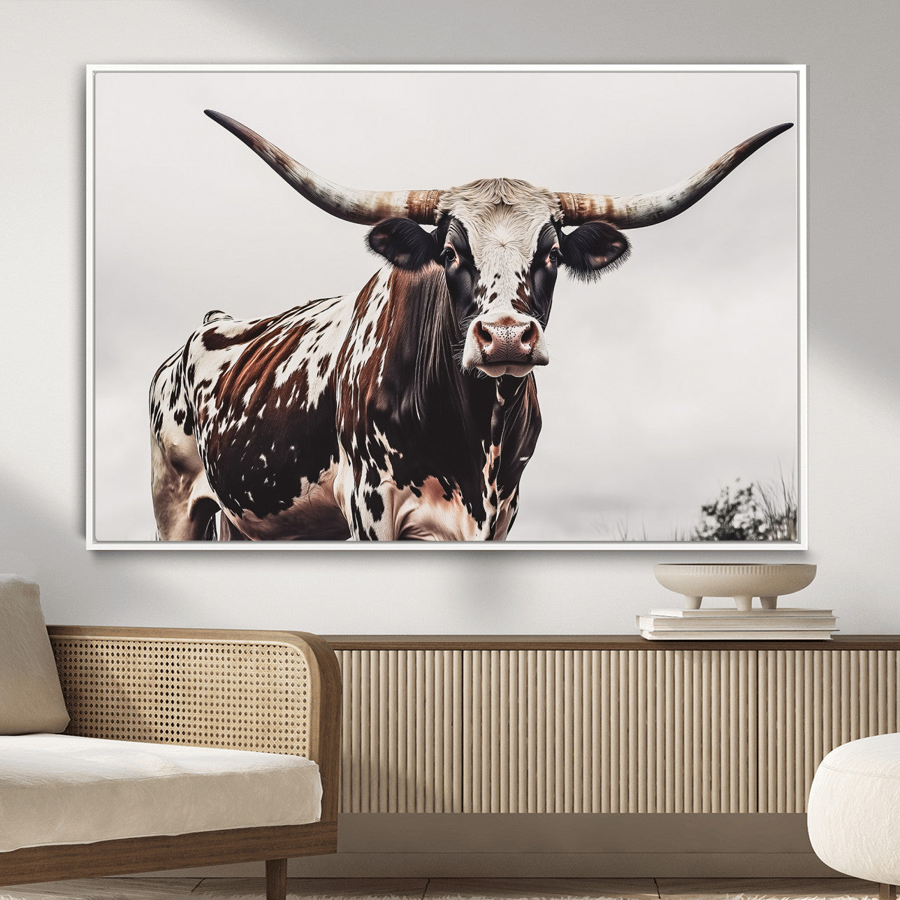 95249234-MGV-CV-36X24-Texas Longhorn Wall Art Canvas Print – Framed Spotted Bull Scene with Horned Cattle Artwork for Home, Office