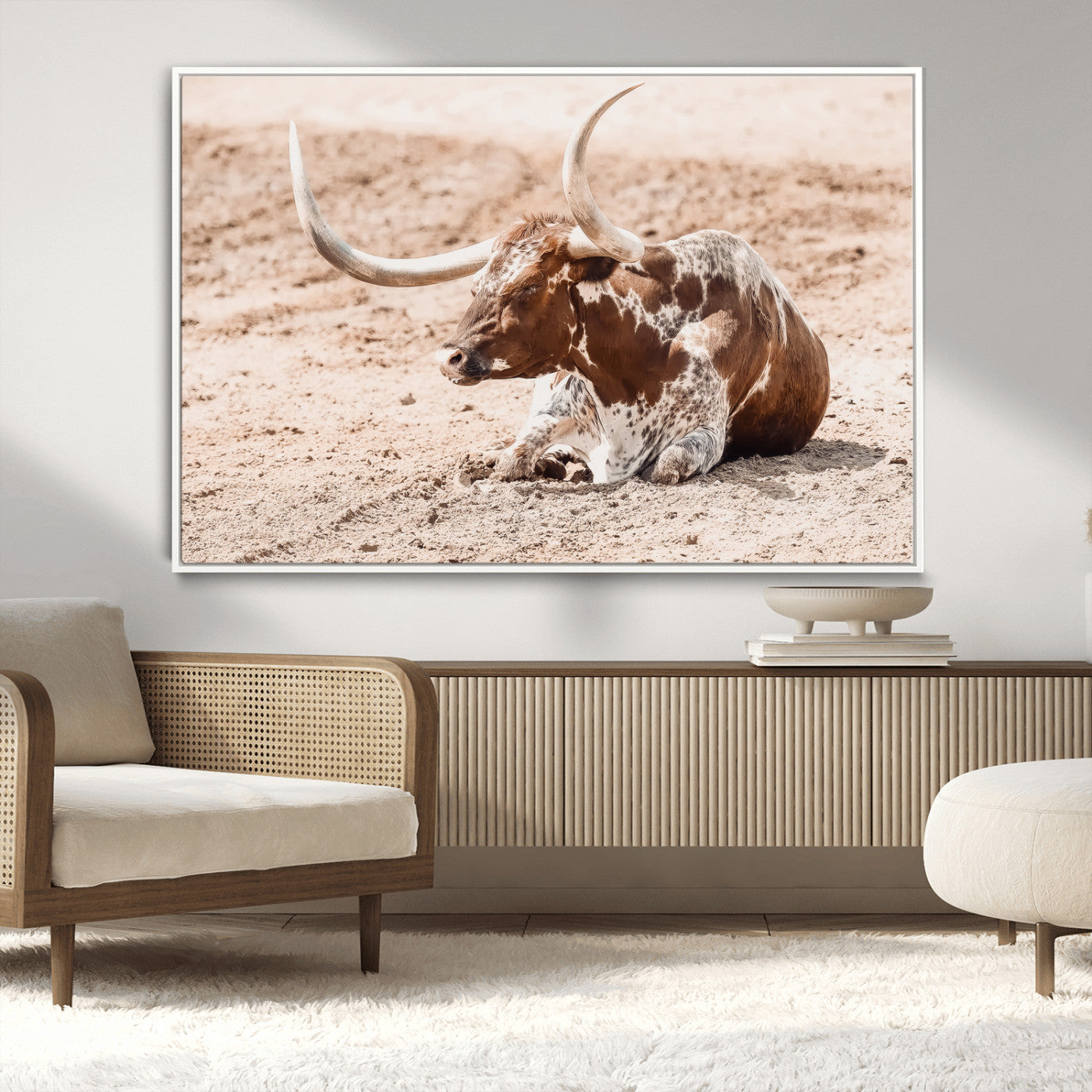 MGV-FC-36X24 - Texas Longhorn Wall Art Canvas Print, Framed Resting Bull Art Picture Print, Spotted Cattle Perfect Rustic Western Decor Artwork