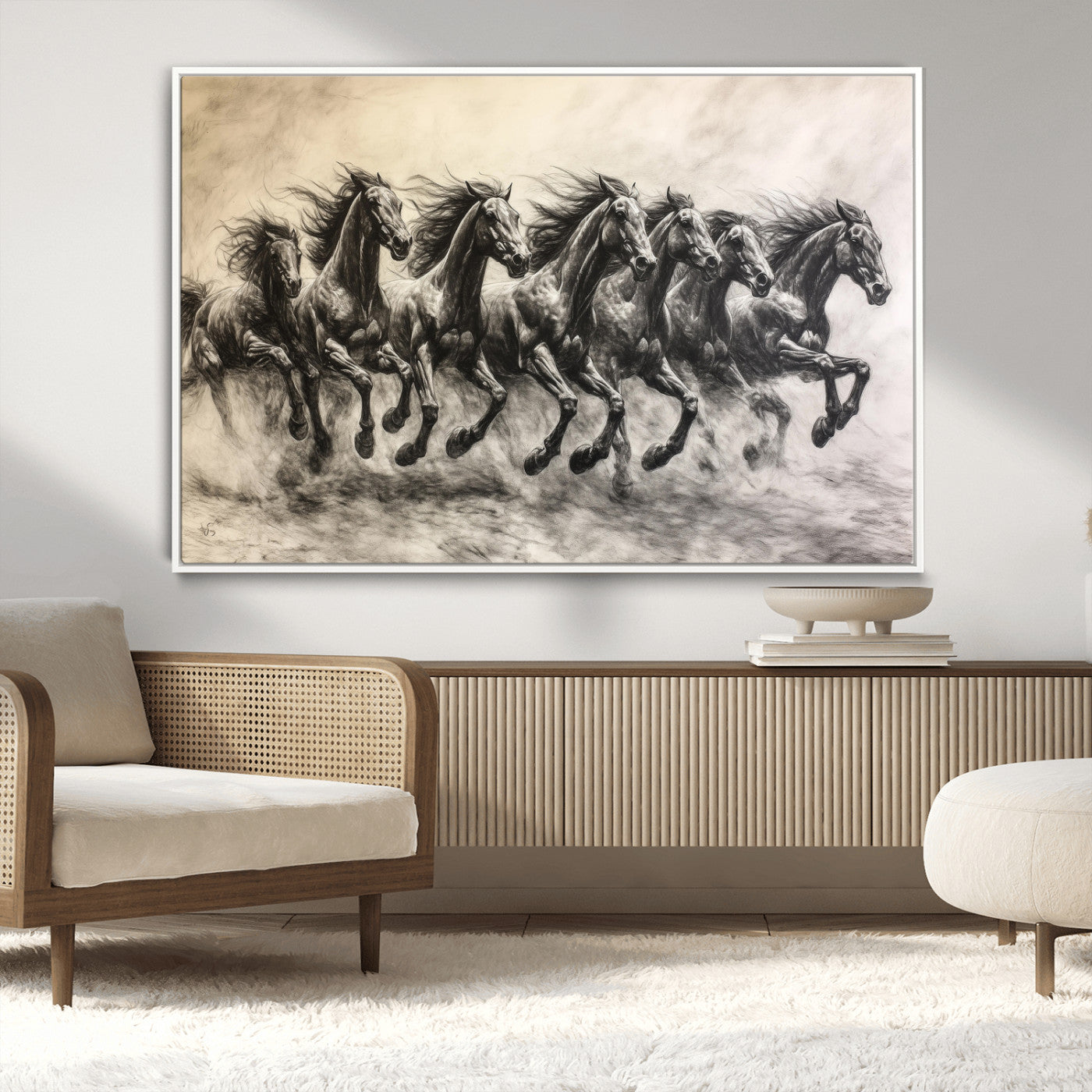 MGV-FC-36X24 - Galloping Horses Wall Art Canvas Print, Framed Wild Stallions Art Picture Print, Horse Herd Sketch Perfect Monochrome Dynamic Decor Artwork