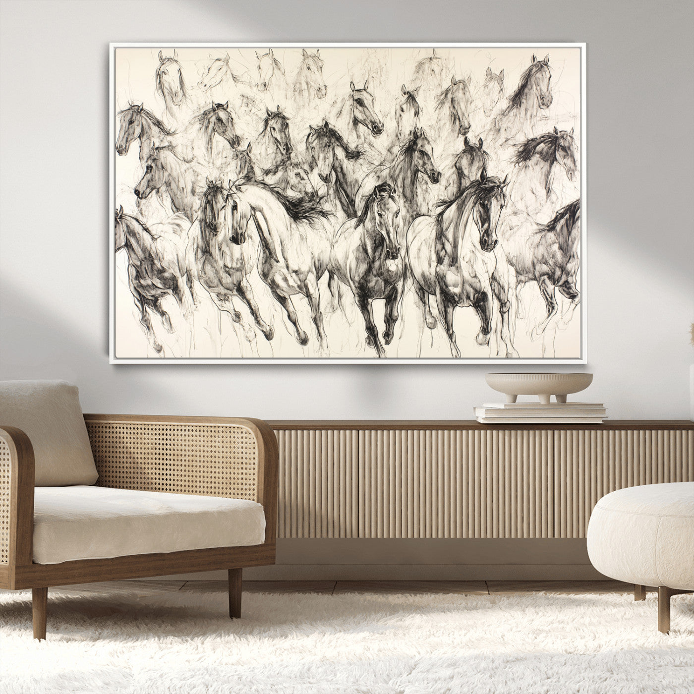 MGV-FC-36X24 - Running Horses Wall Art Canvas Print, Framed Horse Sketch Art Picture Print, Galloping Herd Perfect Monochrome Western Decor Artwork
