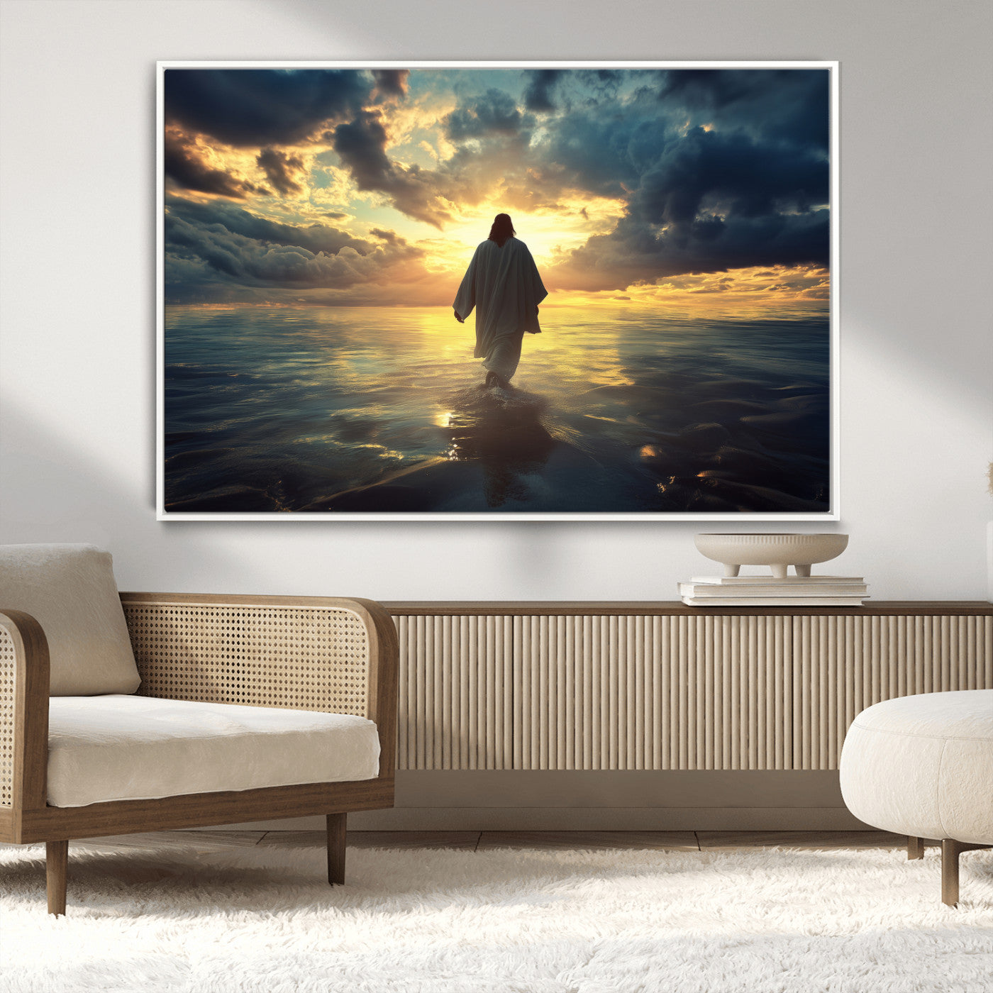 Spiritual artwork of Jesus walking on water at golden hour with divine light, ideal for Christian home decor or prayer room.