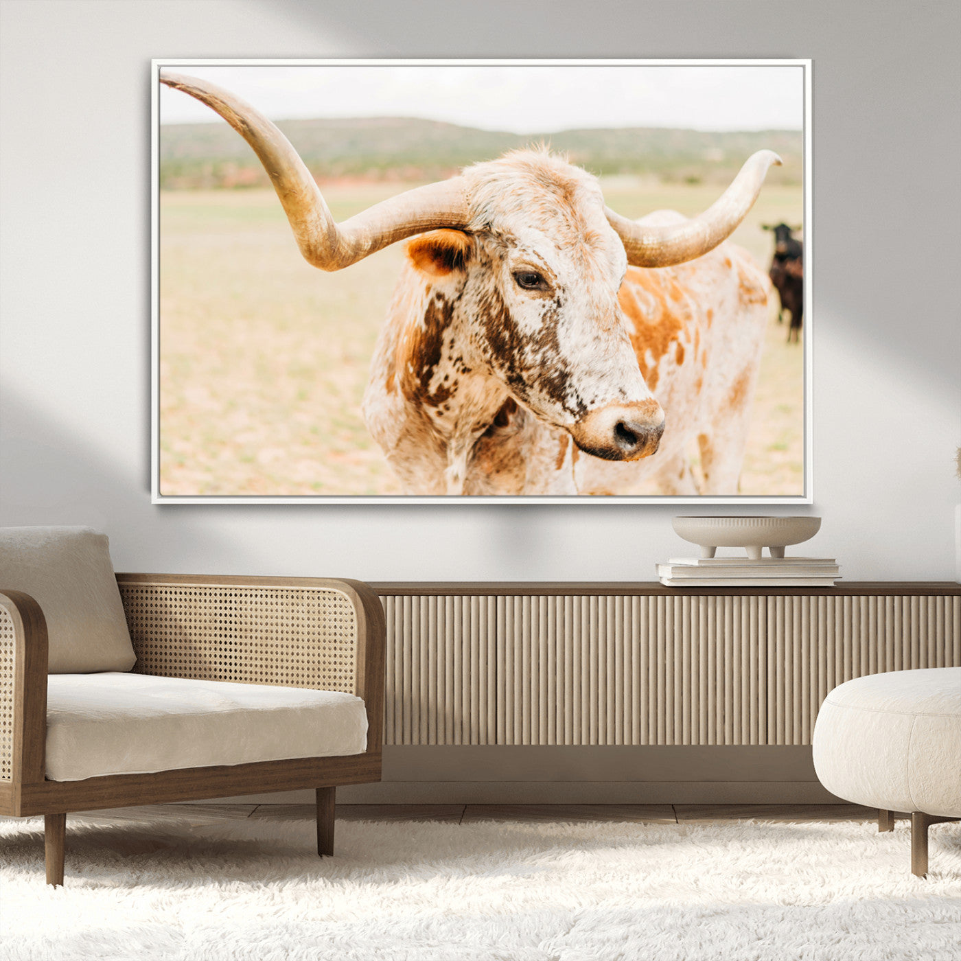 MGV-FC-36X24 - Texas Longhorn Wall Art Canvas Print, Framed Speckled Cow Art Picture Print, Rustic Bull Perfect Rustic Western Decor Artwork