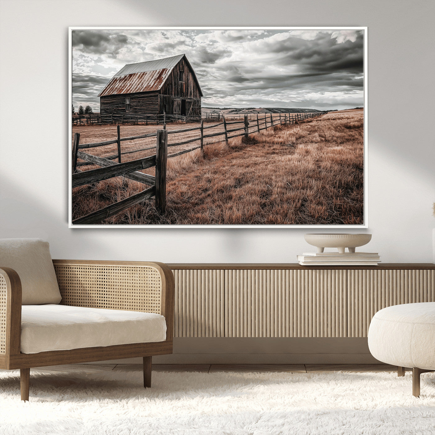 Framed canvas of a rustic barn under a moody sky with weathered fence and dark fields, ideal for farmhouse or rural-style wall decor.