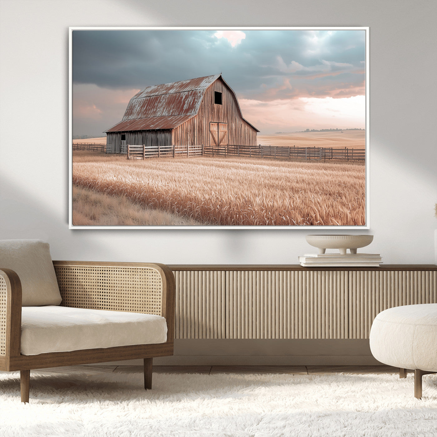 Framed canvas of a rustic barn in a golden wheat field under soft skies, ideal for vintage farmhouse or country-style wall decor.