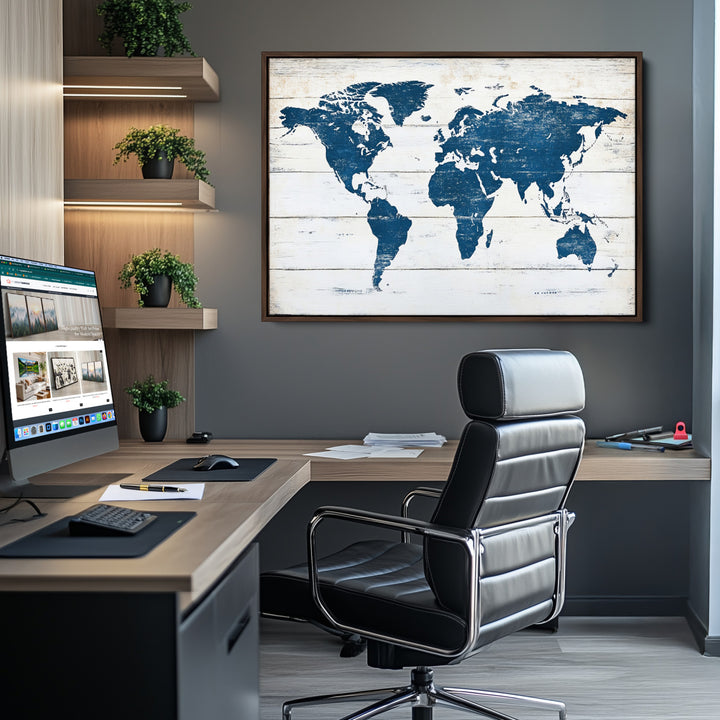 World Map Wall Art Canvas Print, Framed Rustic Atlas Art Picture Print, Wooden Map Perfect Vintage Decor Artwork