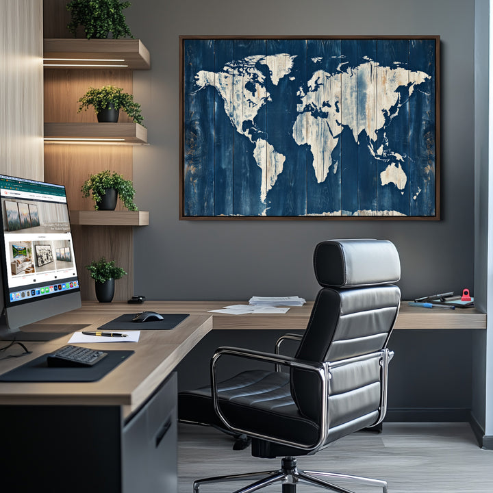 World Map Wall Art Canvas Print, Rustic Map Print, Framed Wooden World Map Art Print, Large Antique Map Decor Printing Perfect for Vintage Decor
