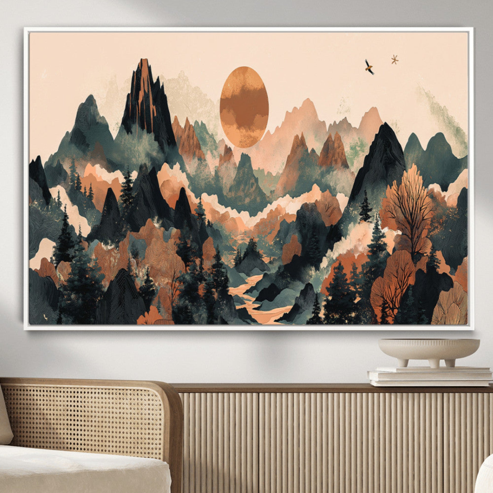 46509506-MGV-CV-36X24-Wood Mountain Landscape Wall Art Canvas Print – Framed Sunset Hills Artwork, Abstract Nature Perfect Boho Decor for Home, Office