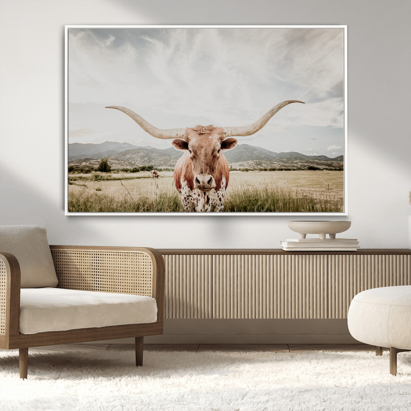 MGV-FC-36X24 - Texas Longhorn Wall Art Canvas Print, Framed Western Cow Art Picture Print, Rustic Farmhouse Perfect Farmhouse Decor Artwork