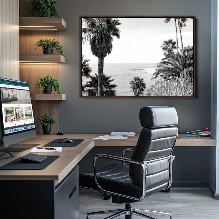 Palm Trees Wall Art Canvas Print, Framed Coastal Art Picture Print, Ocean Horizon Perfect Monochrome Coast Decor