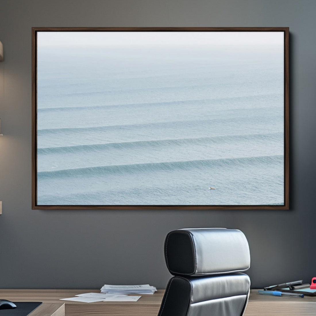 Ocean Waves Wall Art Canvas Print, Framed Solo Surfer Wave Lines Minimalist Art
