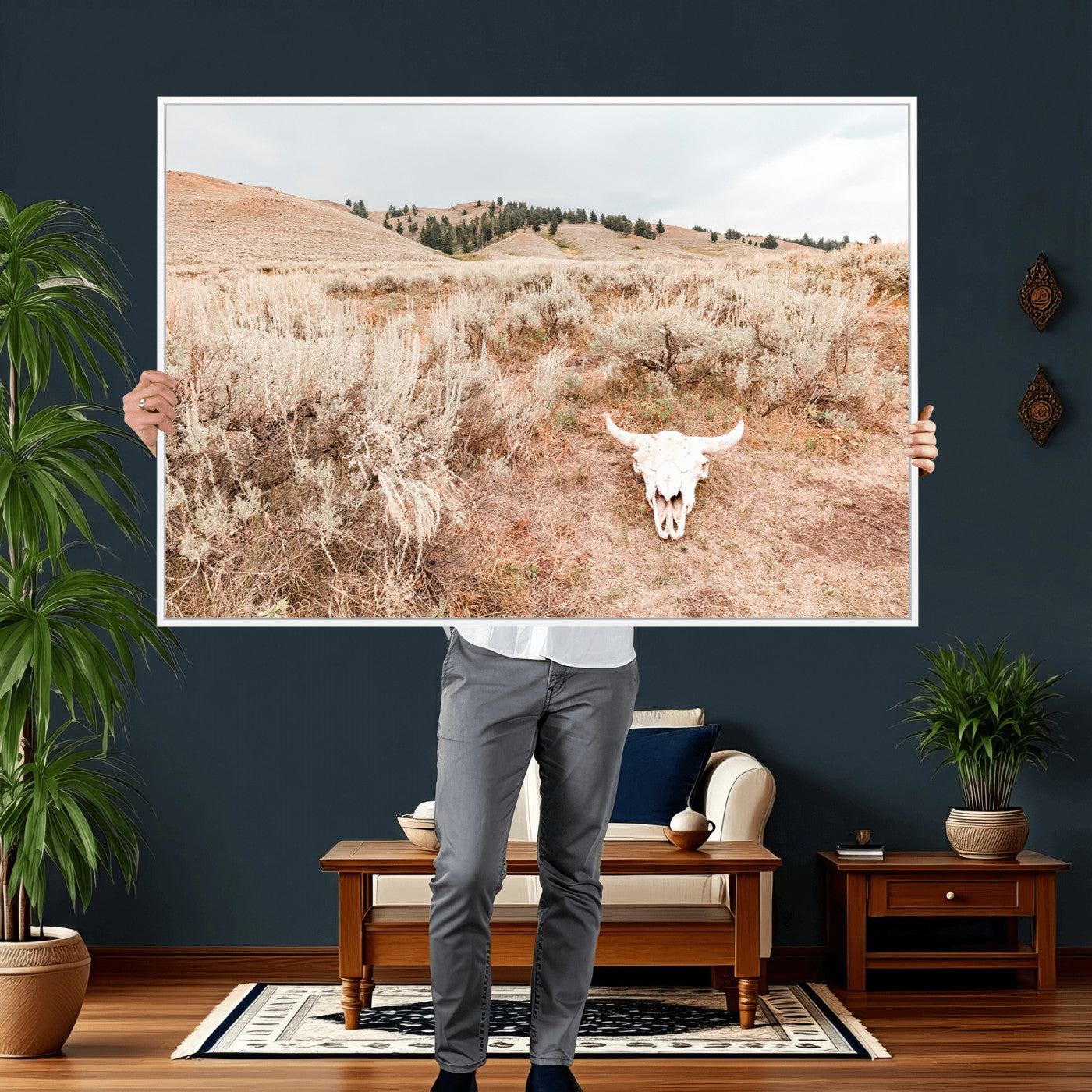 97234735-MGV-CV-36X24 - Desert Skull Wall Art – Arid Landscape & Sagebrush Canvas Print, Rustic Nature and Earth Tones for Living Room or Minimalist Decor