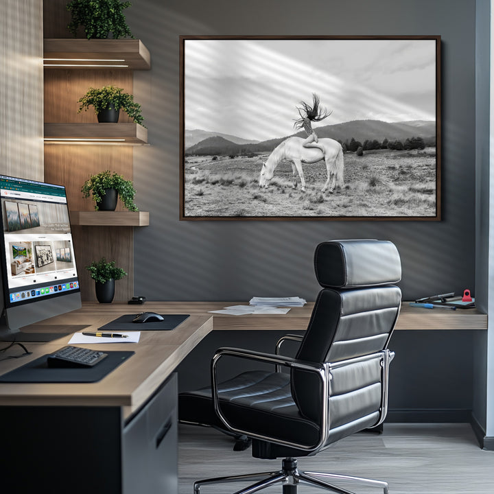 White Horse Wall Art Canvas Print, Woman Rider Print, Framed Equestrian Pose Art Print, Large Grazing Horse Printing Western Boho