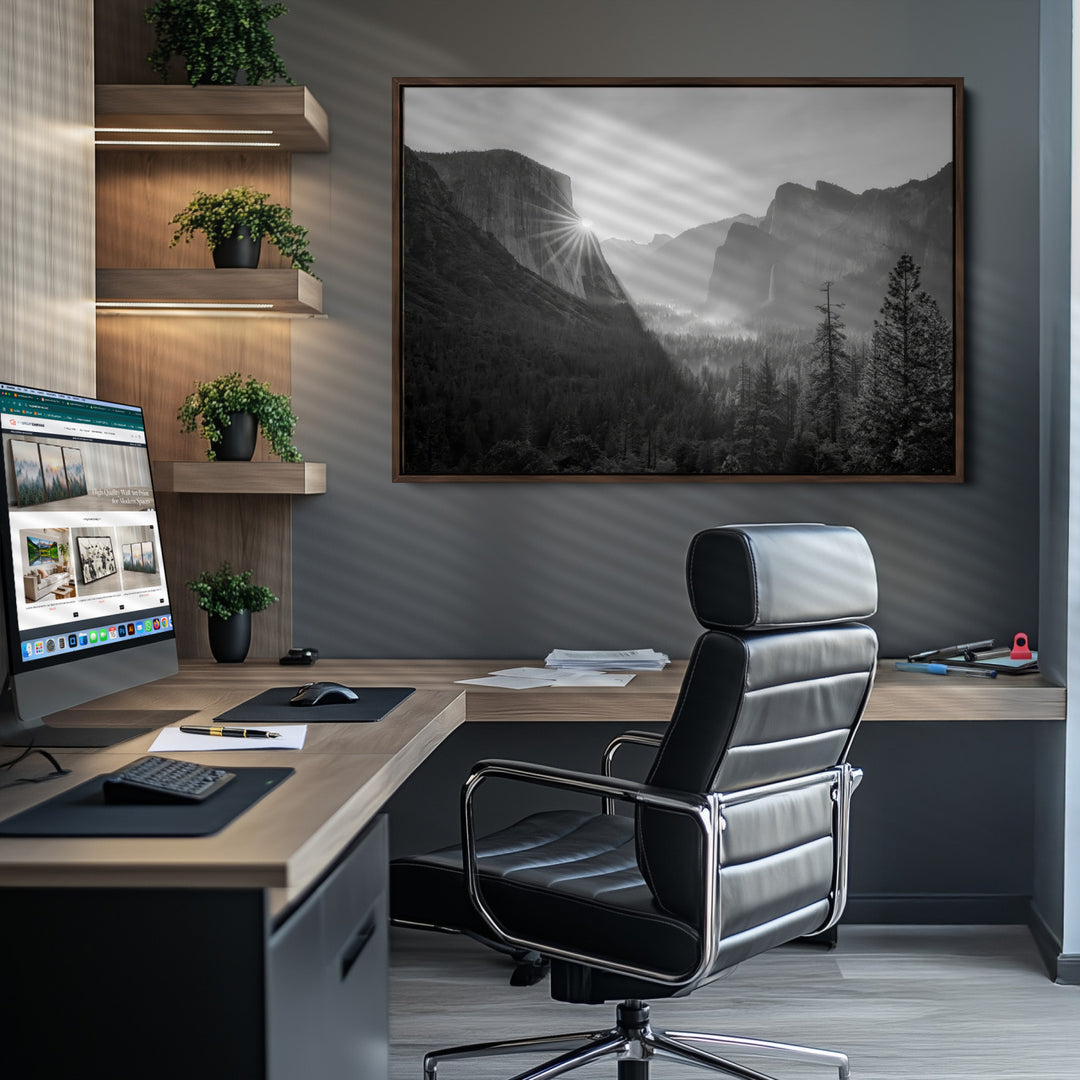 Yosemite Valley Wall Art Canvas Print, Framed El Capitan Sunrise Print, Framed Misty Mountain Art Print, Large Monochrome Valley Printing