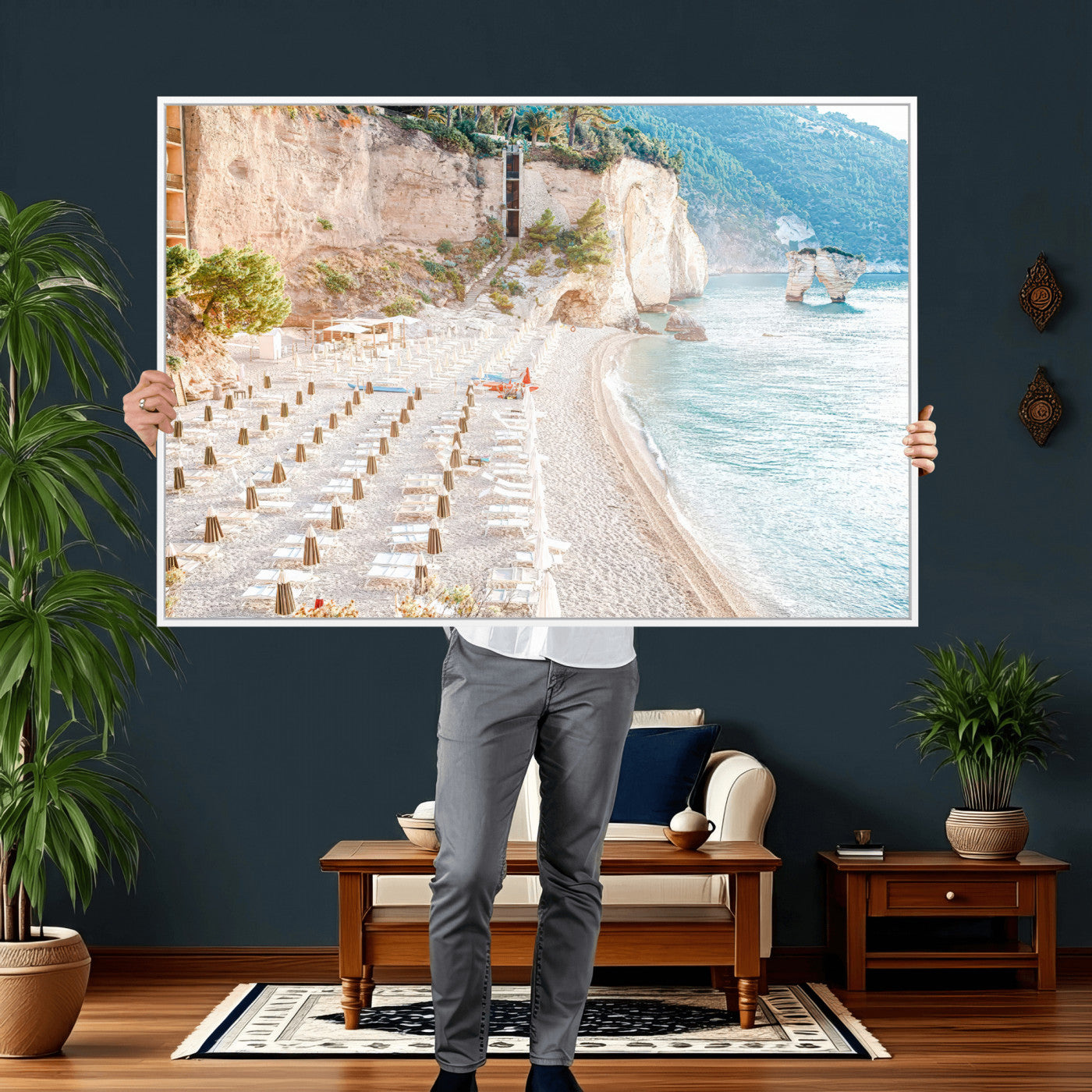 84816639-MGV-CV-36X24 - Sunny Beach Wall Art – Chairs & Umbrellas Canvas Print, Clear Water, Rocky Cliffs, Coastal Calm for Living Room or Vacation Home Decor