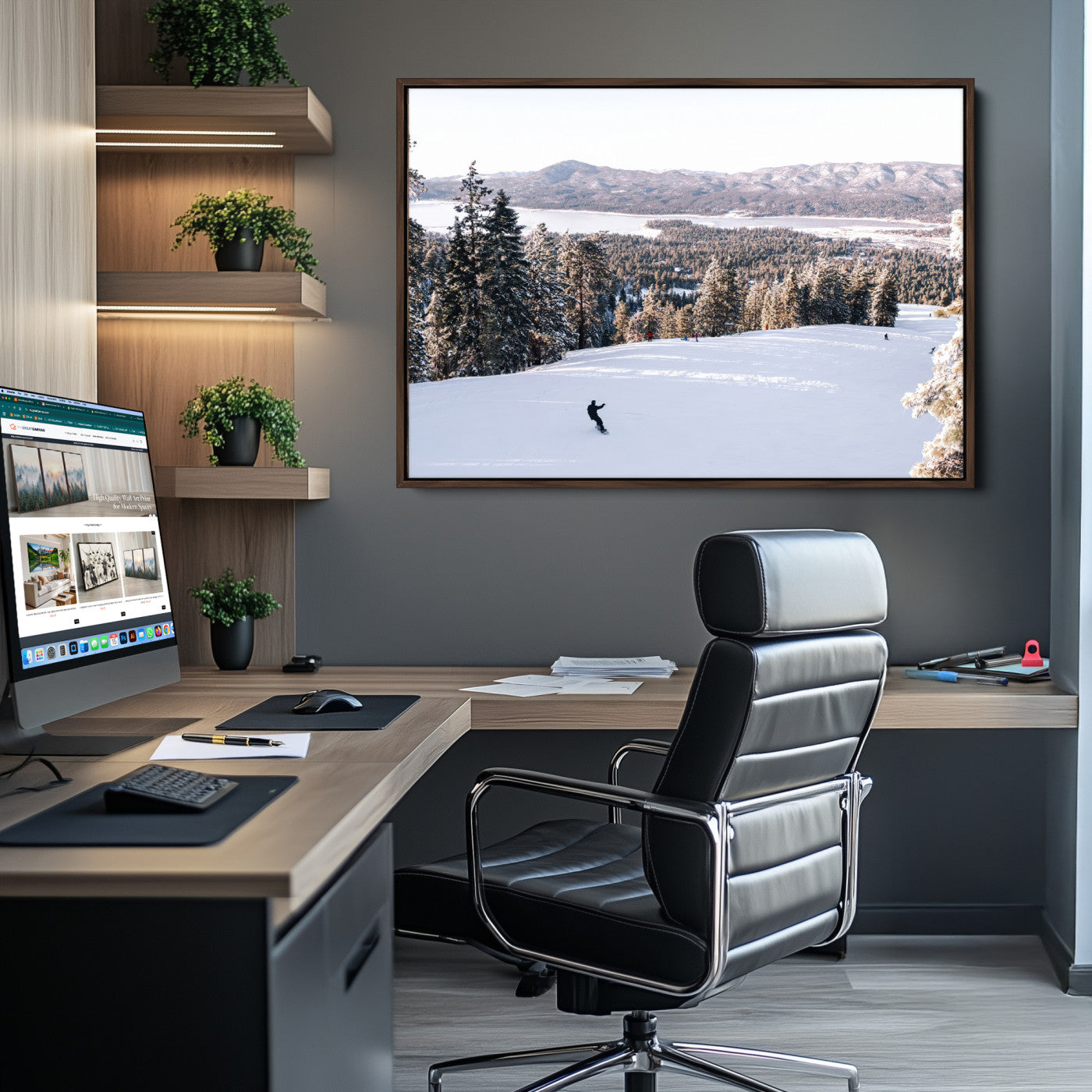 79857868-MGV-CV-36X24-Snowy Mountain Wall Art Canvas Print, Framed Ski Slope Art Picture Print, Winter Forest Perfect Rustic Decor, Framed Ski Slope Canvas