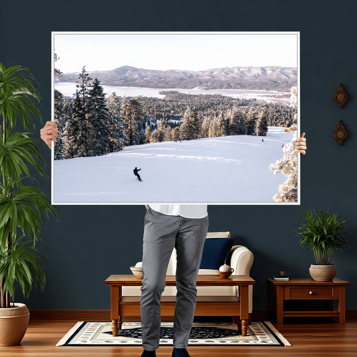 79857868-MGV-CV-36X24 - Snowboarder Wall Art – Winter Slope Canvas Print, Pine Forest, Snow-Covered Mountains, Outdoor Adventure for Living Room or Cabin Decor