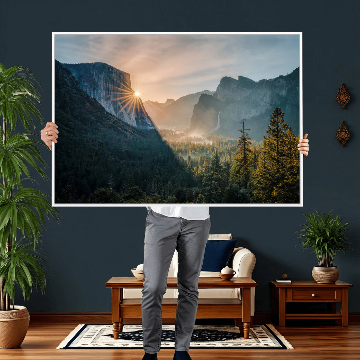 51605481-MGV-CV-36X24 - Yosemite Valley Wall Art – Misty Forest Peaks Canvas Print, Radiant Light, Tranquil Nature Landscape for Living Room or Cabin Decor