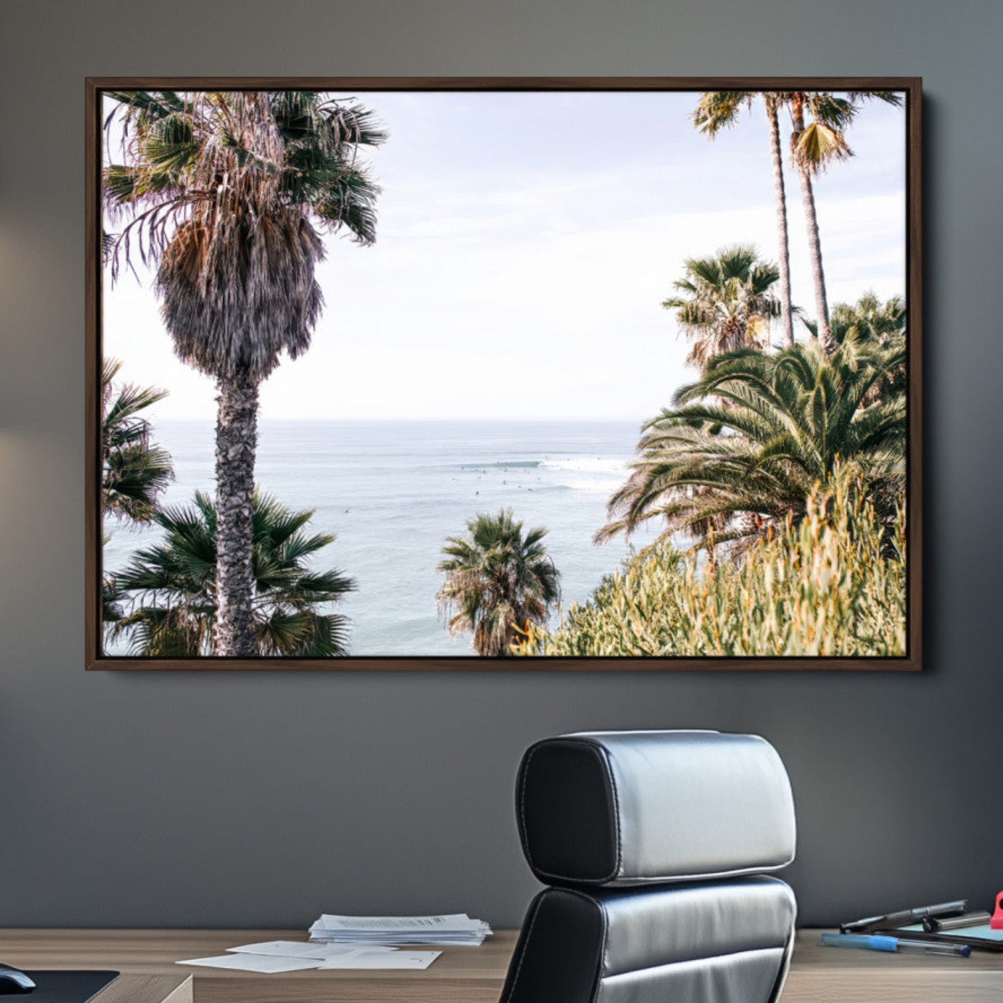 51404565-MGV-CV-36X24-Coastal Palm Trees Wall Art Canvas Print – Framed Ocean Breeze Tropical Scene Artwork for Relaxing Home, Office Decor